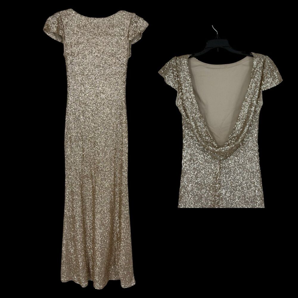 Sorella Vita Champagne Sequin Formal Gown Open Back Bridesmaid Prom Red Carpet